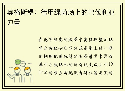 奥格斯堡：德甲绿茵场上的巴伐利亚力量