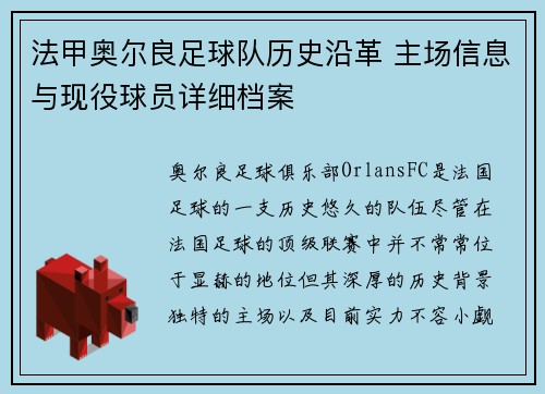 法甲奥尔良足球队历史沿革 主场信息与现役球员详细档案