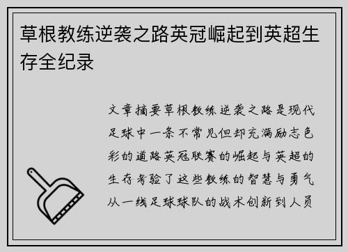 草根教练逆袭之路英冠崛起到英超生存全纪录