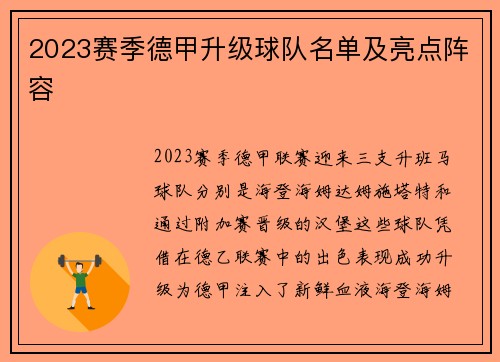 2023赛季德甲升级球队名单及亮点阵容